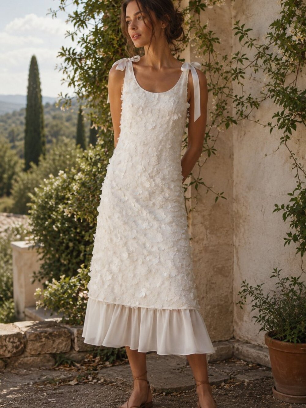 Anthropologie x En Saison Emryn Sequin A-Line Bow Midi Dress Cream Size Small